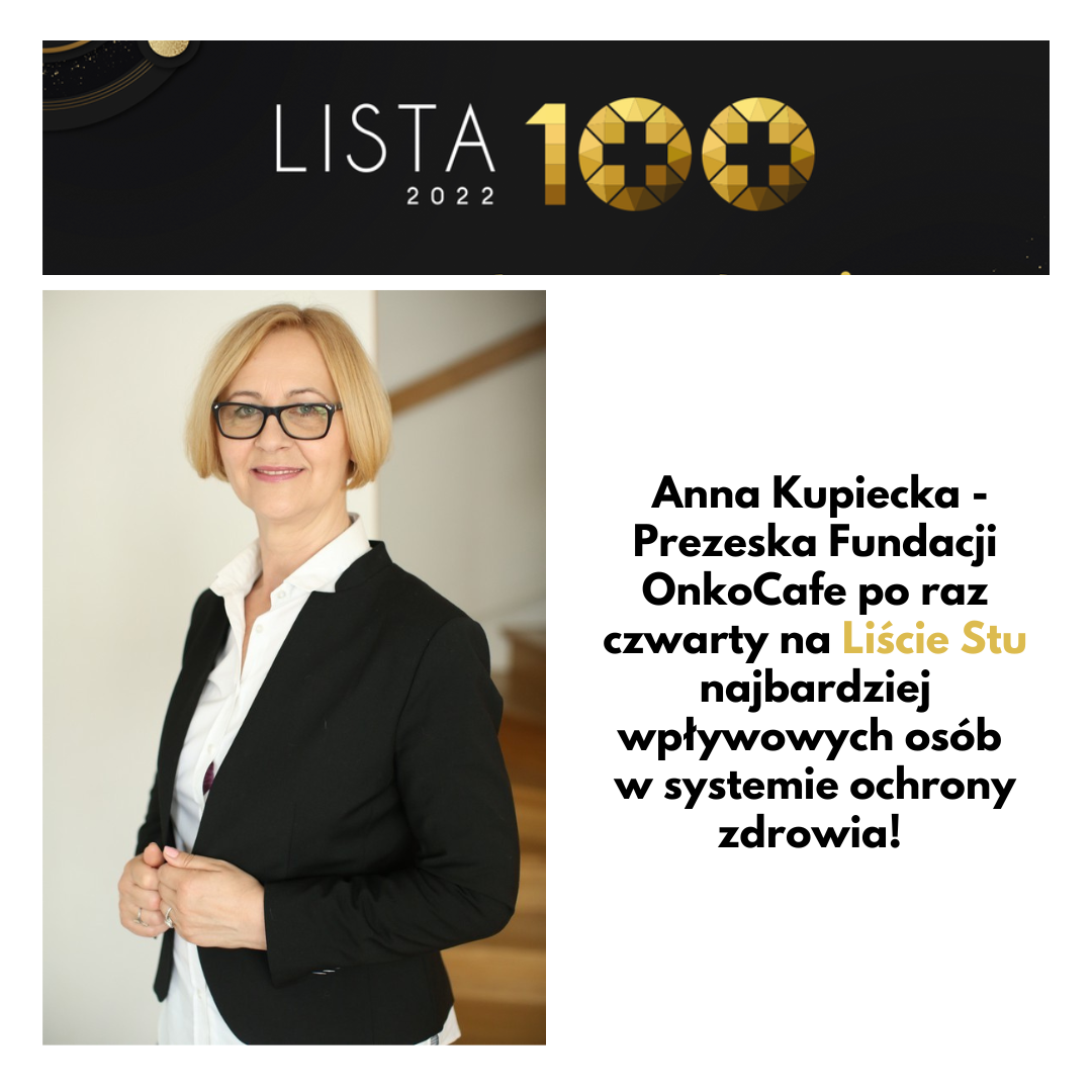 Anna Kupiecka Prezeska Fundacji OnkoCafe po raz czwarty na Liście Stu najbardziej wpływowych osób w systemie ochrony zdrowia